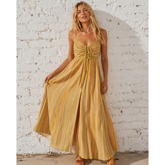 Free People Dresses & Skirts - Free People Yellow Striped Cotton Dream Weaver Maxi Boho Sundress Size M